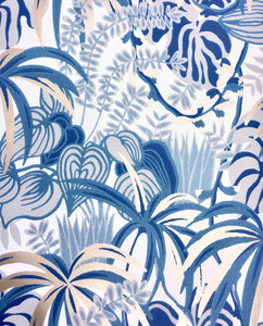 Blue and silver rainforest foliage pattern non woven wallpaper