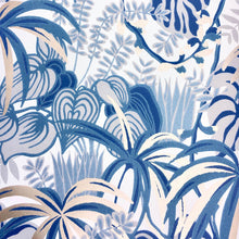 Load image into Gallery viewer, Blue and silver rainforest foliage pattern non woven wallpaper
