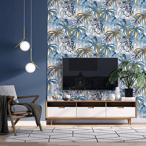 Living room decorated with blue rainforest foliage pattern non woven wallpaper