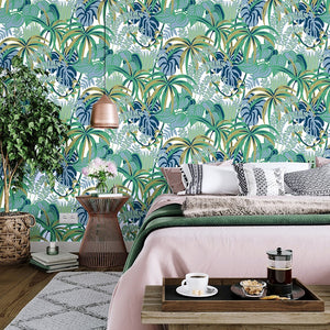 Bedroom decorated with green and silver jungle foliage pattern non woven wallpaper