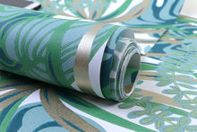 Load image into Gallery viewer, Green and silver jungle foliage pattern non woven wallpaper detail
