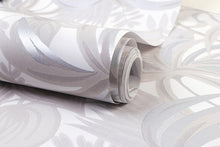 Load image into Gallery viewer, Detail of white and silver rainforest foliage patterned non woven wallpaper
