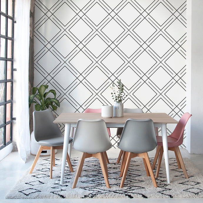 Dinning room decorated with geometric lattice patterned vinyl wallpaper