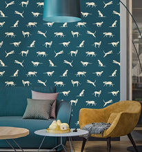 Load image into Gallery viewer, Living room decorated with blue leopard patterned vinyl wallpaper
