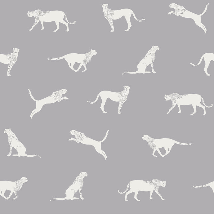 Sitting, pouncing, and running leopard patterned vinyl wallpaper in grey and white