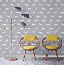 Load image into Gallery viewer, Modern sitting room decorated with grey and white leopard patterned vinyl wallpaper
