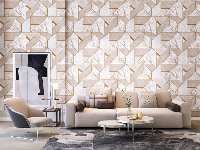Room decorated with beige and gold marble tile patterned wallpaper