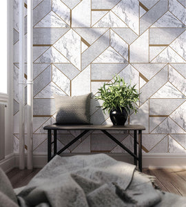 Room decorated with grey geometric marble tile patterned wallpaper