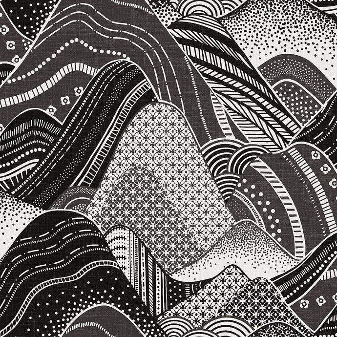 Stylized rolling mountain patterned non woven wallpaper in shades of charcoal, black and white