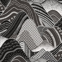 Load image into Gallery viewer, Stylized rolling mountain patterned non woven wallpaper in shades of charcoal, black and white

