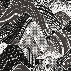Stylized rolling mountain patterned non woven wallpaper in shades of charcoal, black and white