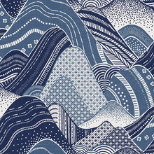 Load image into Gallery viewer, Stylized rolling mountain patterned non woven wallpaper in shades of blue and white

