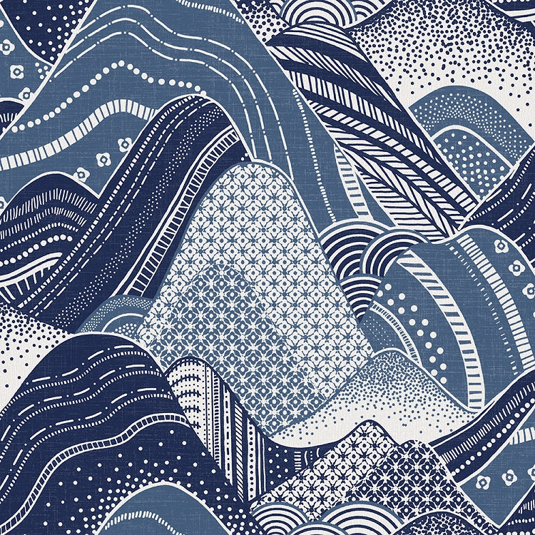 Stylized rolling mountain patterned non woven wallpaper in shades of blue and white