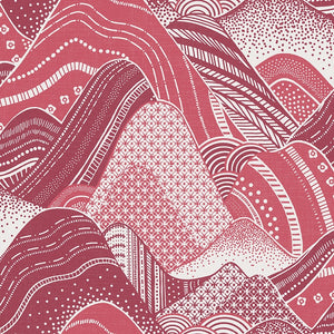 Stylized rolling mountain patterned non woven wallpaper in shades of pink and white