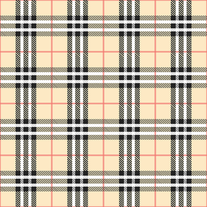 Vintage plaid patterned vinyl wallpaper in beige, red, black, and white