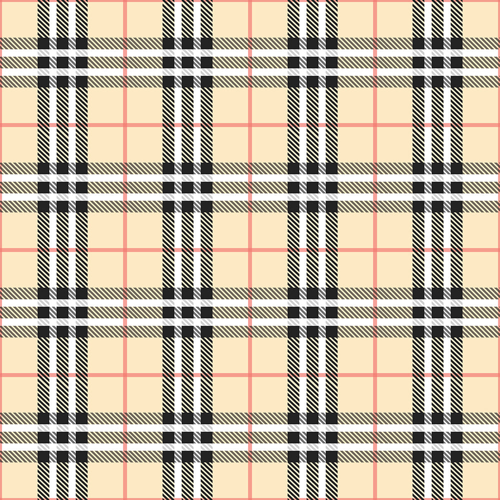 Vintage plaid patterned vinyl wallpaper in beige, red, black, and white