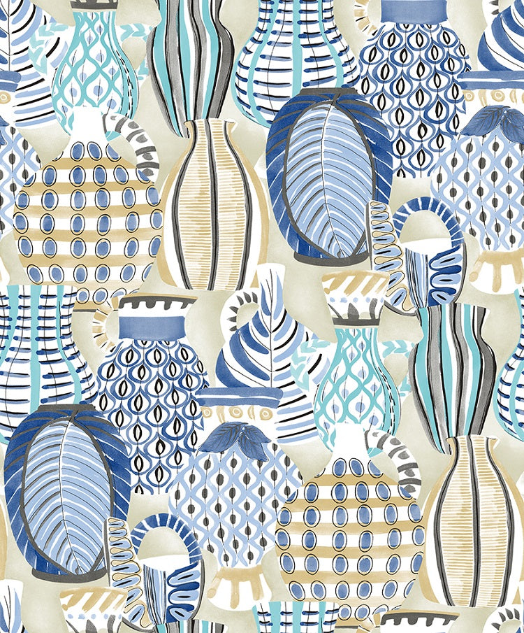 Cleo Vine Spa Blue on Grey Wallpaper AT9619 by Anna French Wallpaper