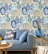 Load image into Gallery viewer, Living room decorated with blue pottery printed non woven wallpaper
