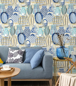 Living room decorated with blue pottery printed non woven wallpaper