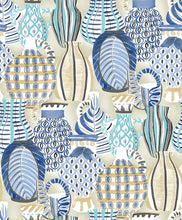 Load image into Gallery viewer, Illustrated pottery print non woven wallpaper in shades of blue and beige
