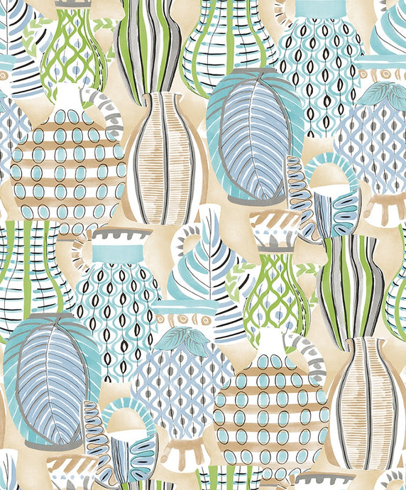Illustrated pottery print non woven wallpaper in shades of green and turquoise