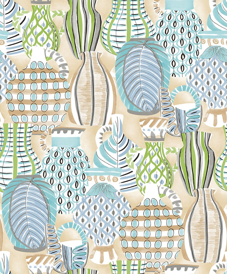 Illustrated pottery print non woven wallpaper in shades of green and turquoise