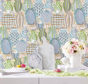 Kitchen decorated with green and turquoise pottery printed non woven wallpaper