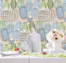 Load image into Gallery viewer, Kitchen decorated with green and turquoise pottery printed non woven wallpaper
