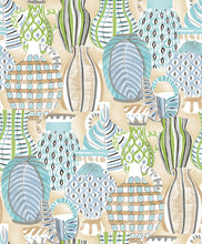 Load image into Gallery viewer, Illustrated pottery print non woven wallpaper in shades of green and turquoise
