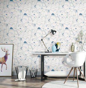 Room decorated with blue and white Greek town printed vinyl wallpaper