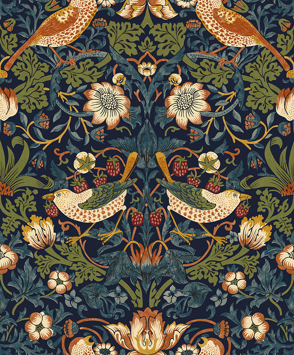 'The Strawberry Thief' wallpaper designed by William Morris in blue vinyl