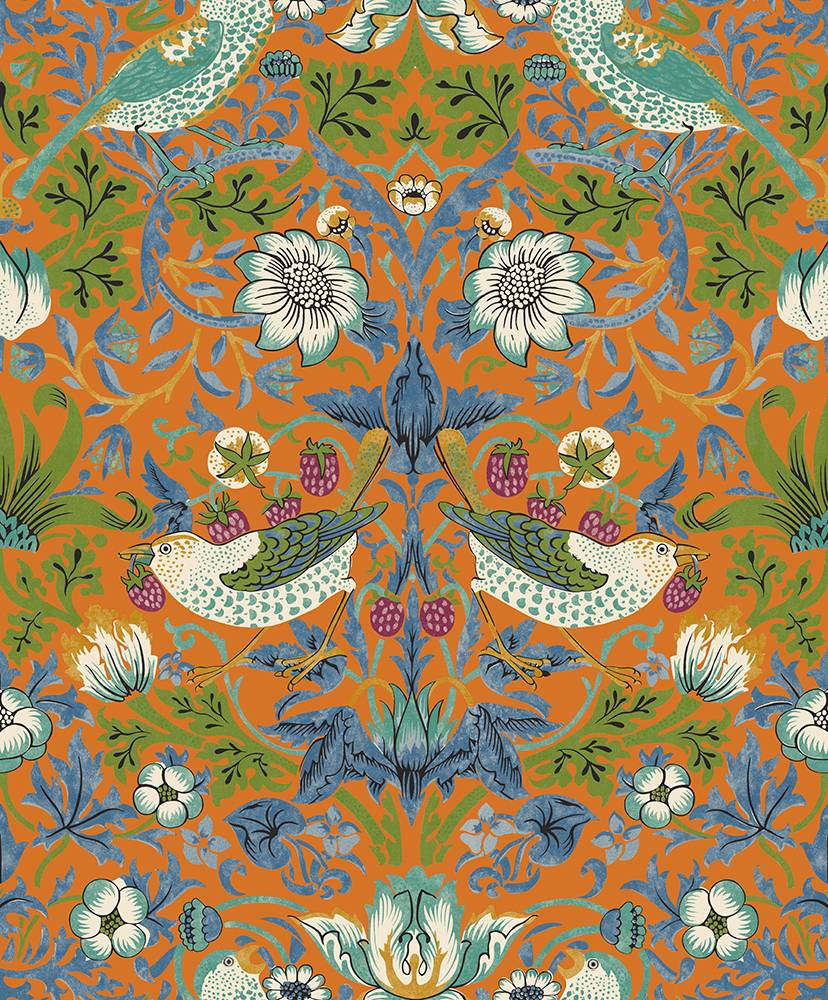 'The Strawberry Thief' wallpaper designed by William Morris in orange vinyl