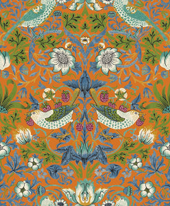 'The Strawberry Thief' wallpaper designed by William Morris in orange vinyl