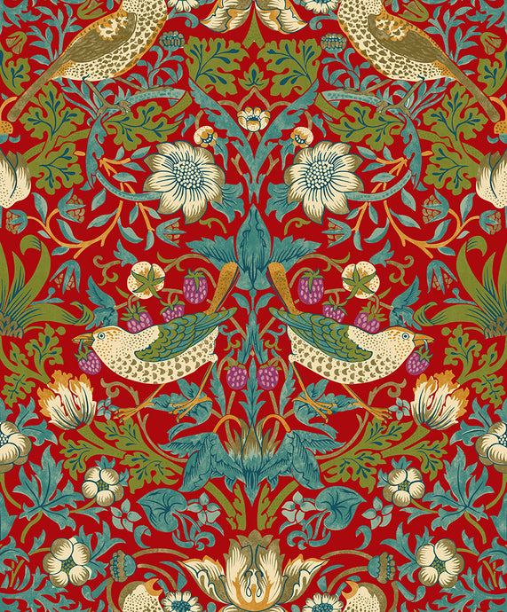 'The Strawberry Thief' wallpaper designed by William Morris in deep red vinyl