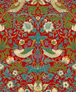 'The Strawberry Thief' wallpaper designed by William Morris in deep red vinyl