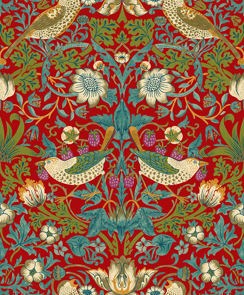 'The Strawberry Thief' wallpaper designed by William Morris in deep red vinyl