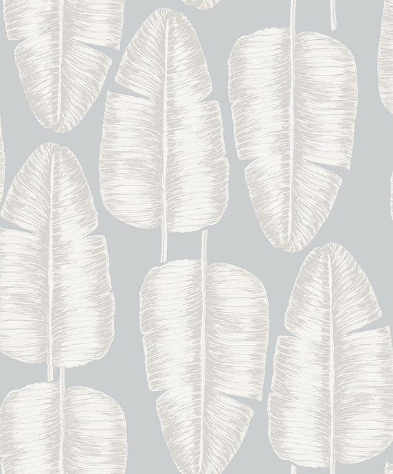 Tropical banana leaf patterned non woven wallpaper in neutral grey tones