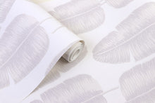 Load image into Gallery viewer, Detail of tropical banana leaf patterned non woven wallpaper in white and grey tones
