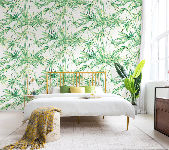 Bedroom decorated with green tropical palm leaf non woven wallpaper