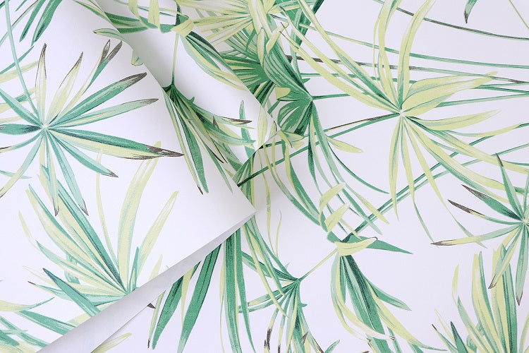 Yellow green palm leaf non woven wallpaper detail