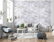 Load image into Gallery viewer, Living room decorated with blue-grey palm leaf pattern non woven wallpaper
